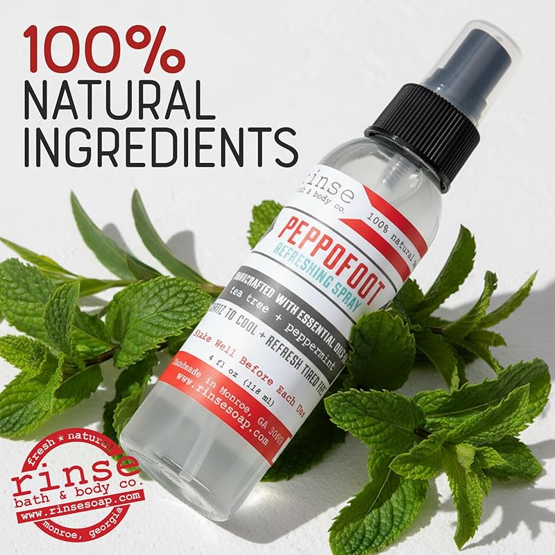 Rinse Bath & Body Peppofoot Natural Cooling Foot Spray for Sore, Tired Feet, Peppermint & Tea Tree Essential Oil Mist, Handmade, 4 fl oz