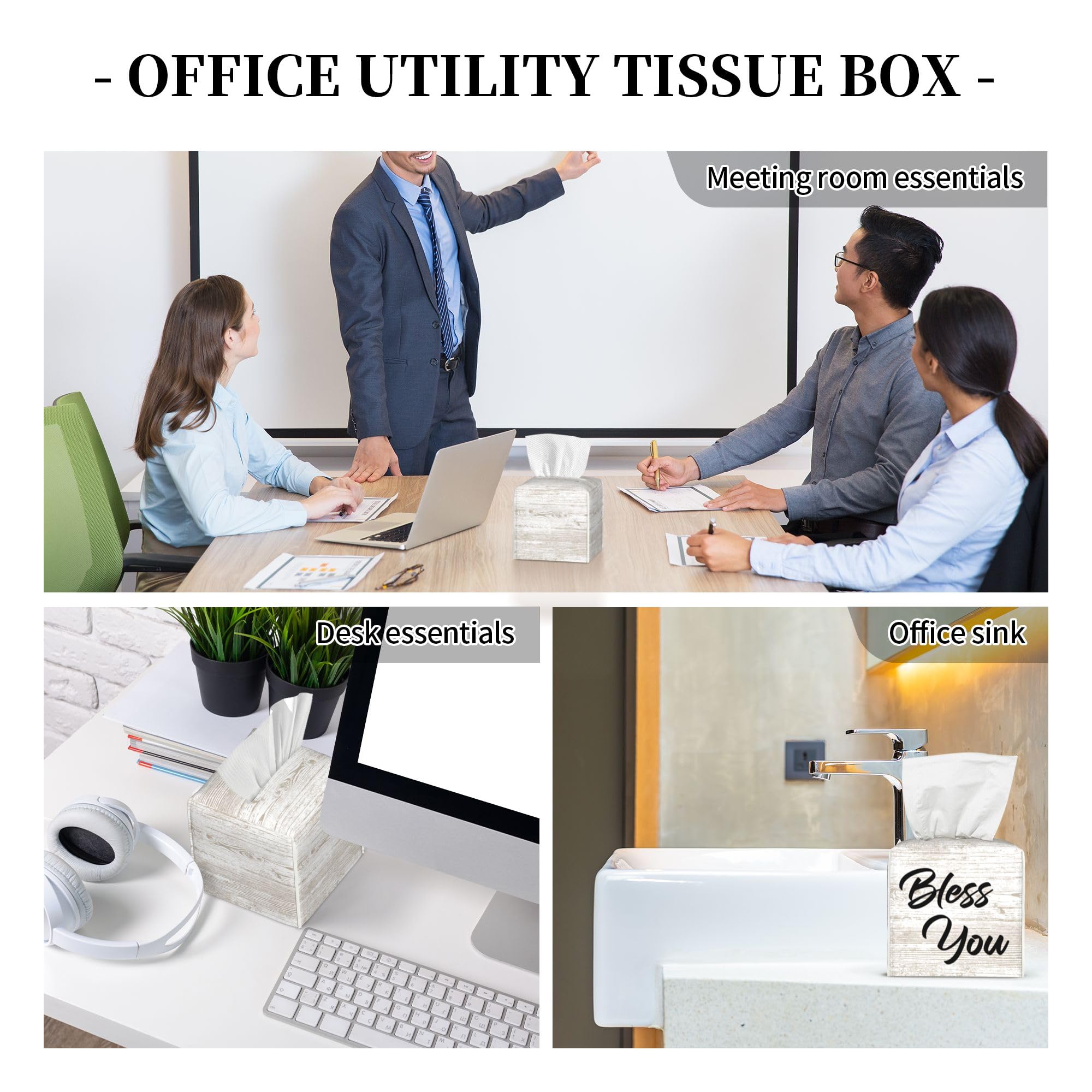 Bless You Tissue Box Cover Square, Wooden Board Texture Tissue Box Holder Waterproof Leather Facial Paper Organizer Dispenser for Bathroom Home Car Nightstand Vanity Desk