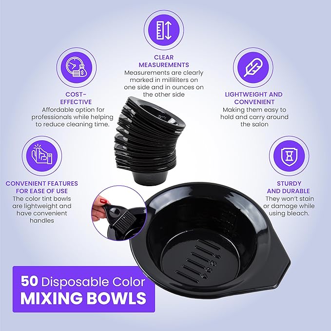 Disposable Color Mixing Bowls - 50 Pack - Plastic Hair Dye Tint Bowls