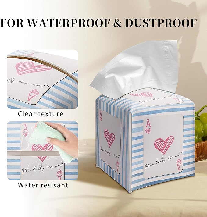Grace Yonks Cute Tissue Box Cover Square - Red Heart Ace Card & Blue Stripe Design 5.2" PU Leather Holder for Vanity, Desk, or Bathroom Counter - Cube Case for Facial Tissues(007)