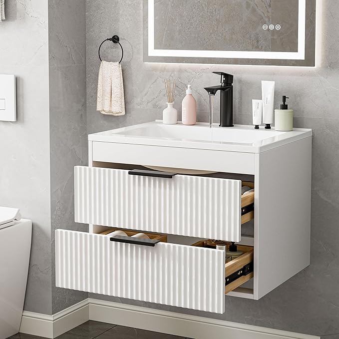 24 Inches Modern MDF Bathroom Vanity with Sink, Wall Mounted Floating Cabinets w/Double Drawers, Black Handles, White Resin Sink Combo Set (White, 24")