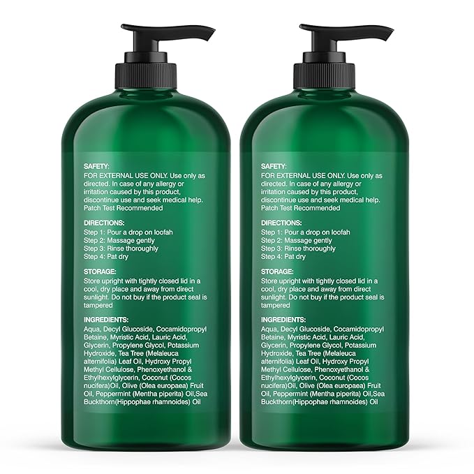 Botanic Hearth Tea Tree Body Wash, 16 Fl Oz (473 ml) Pack of 2 | With Tea Tree Oil, Peppermint & Sea Buckthorn | Gently Cleanses, Refreshes & Nourishes Skin | Sulfate & Paraben Free | For Men & Women