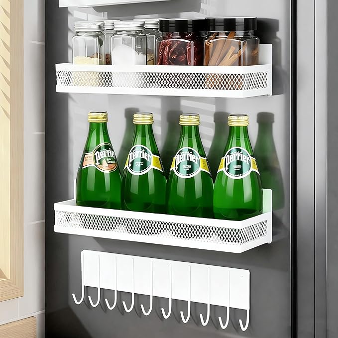 Rixordd 3-Pack Magnetic Spice Rack for Refrigerator, Moveable Shelf with 10 Hooks, Fridge Organizer for Kitchen Storage, White