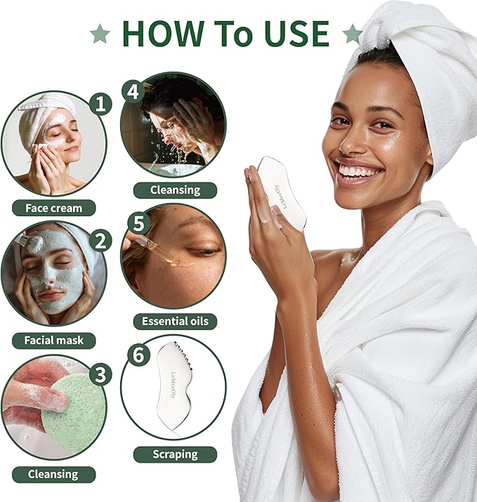LeMeeOly Gua Sha Facial Tools Stainless Steel & Compressed Facial Sponges, Detail Metal GuaSha and Natural Spa Sponges for Facial Cleansing Skin Care，Guasha Stone Face Sculpting Tool