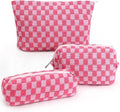 Gocvo 3 Pcs Makeup Bag Cosmetic Bag Set for Girls Women Checkered Travel Organizer Bathroom Toiletry Pouch Large Capacity Storage Bag (Rose-Red)