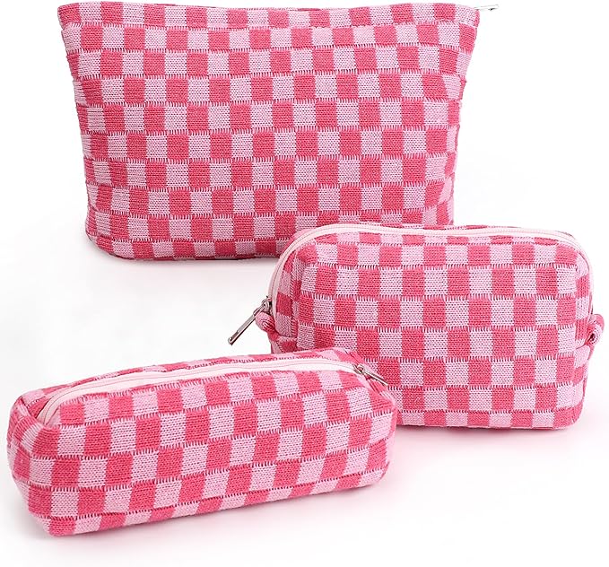 Gocvo 3 Pcs Makeup Bag Cosmetic Bag Set for Girls Women Checkered Travel Organizer Bathroom Toiletry Pouch Large Capacity Storage Bag (Rose-Red)