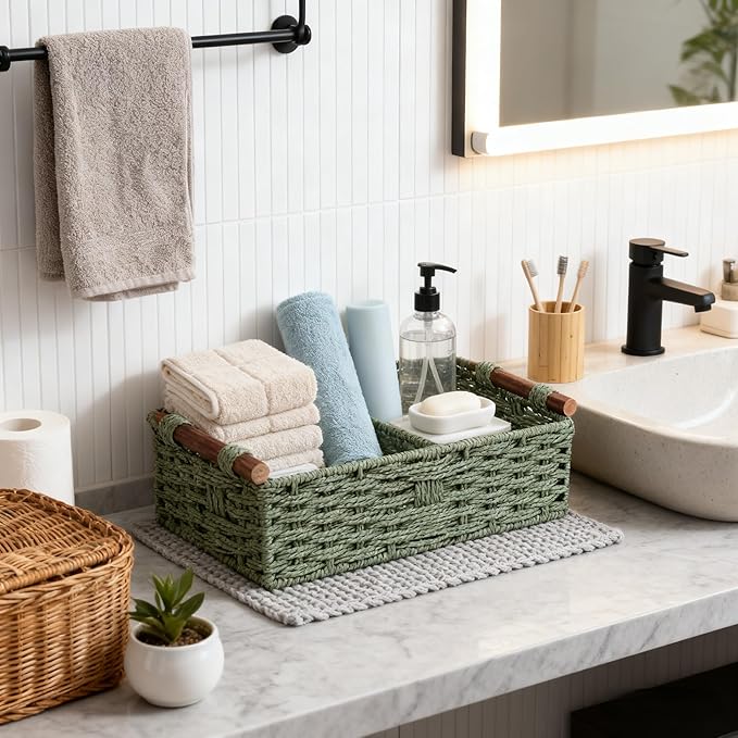 Back of Toilet Basket, Green Wicker Toilet Tank Basket for Toilet Paper Storage, Basket for Toilet Tank Top, Fresh Bathroom Organizer for Wipes & Essentials