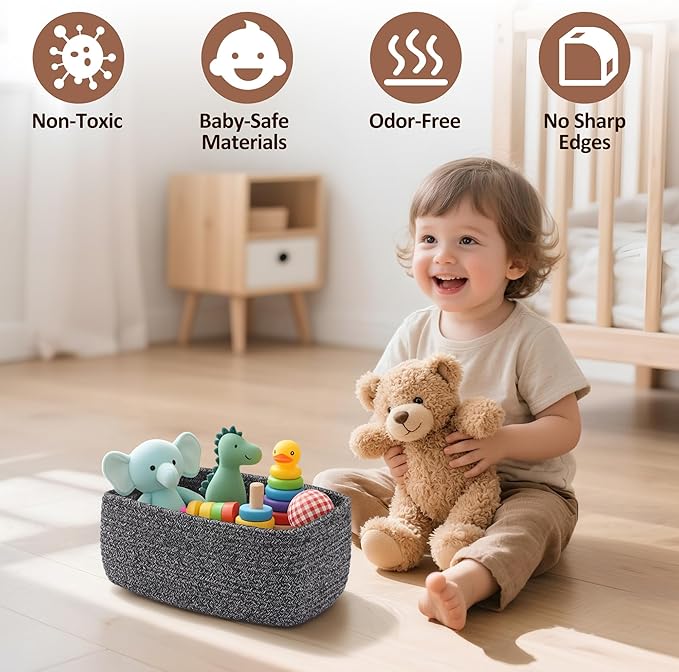 VIRETH HAUS 5-Pack Small Woven Rope Storage Baskets – 2 Sizes Organizer Bins for Closet, Shelf, Bookshelf, Nursery, Changing Table, Fabric Cube Boxes, Rectangular Shallow Bins for Bathroom, Toy & Home