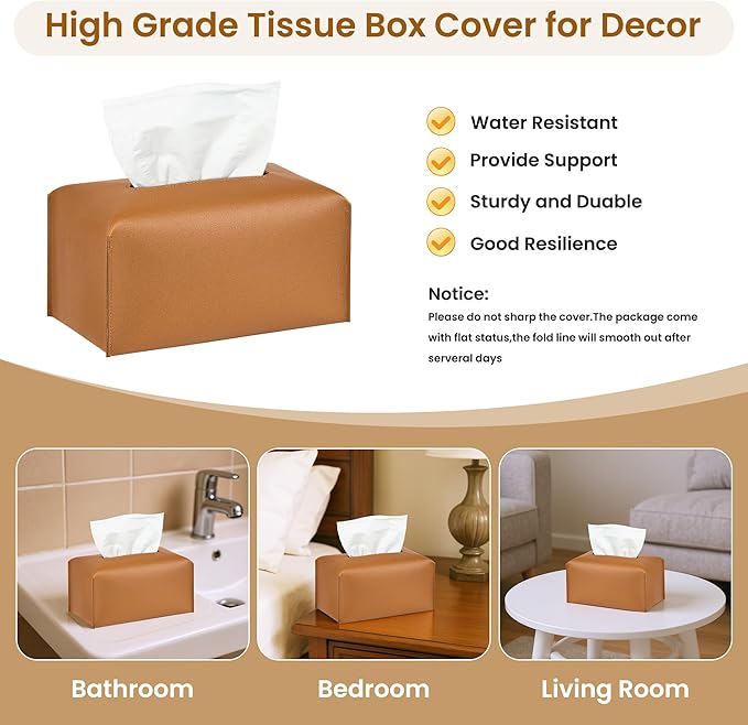 Long Tissue Box Cover, PU Leather Tissue Holder Rectangle, Facial Paper Organizer, Modern Dispenser for Bathroom, Kitchen, Home, Office, Tabletop (1, Brown, Tall)