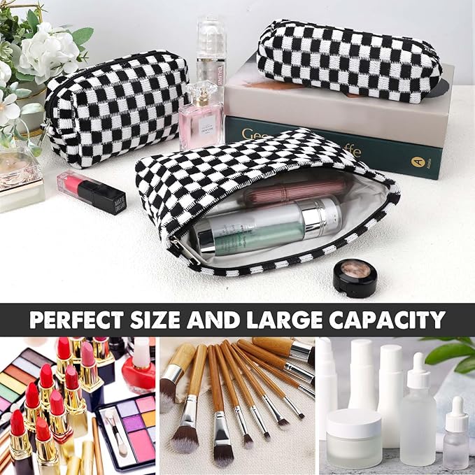 Gocvo 3 Pcs Makeup Bag Cosmetic Bag Set for Girls Women Checkered Travel Organizer Bathroom Toiletry Pouch Large Capacity Storage Bag (Black-White)