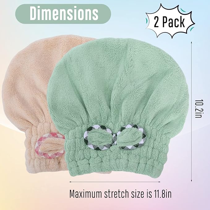 2Pcs Microfiber Hair Drying Cap,Hair Towel Cap,Fast Coral Velvet Hair Drying Towel with Bow-Knot,Quick Dry Fast Drying Hair Caps for Women,Soft Absorbent Cap for Wet Hair Long Thick Hair(Khaki+Green)
