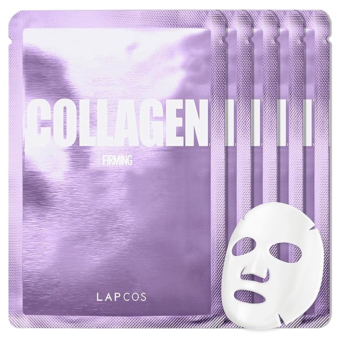 LAPCOS K Beauty Collagen Sheet Mask - Firming & Age-Defying Face Masks with Collagen Peptides - Minimizes Fine Lines & Restores Skin Elasticity - Breathable PT Cell Sheet Korean Skin Care (Pack of 5)