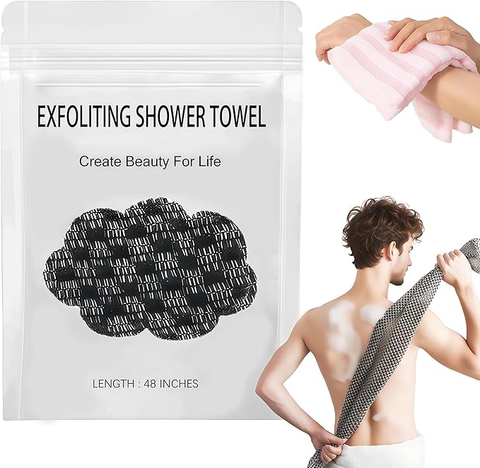 Exfoliating Shower Towel, 2-in-1 Towel, Premium Scrub Wash Cloth for Body Face, Exfoliating Towels-Body Scrubber with 2 Sides for All Skin Types (Black)