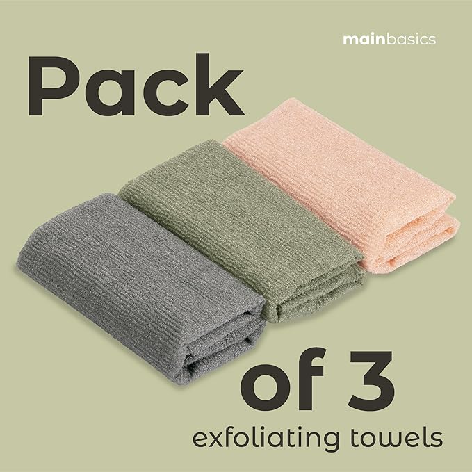 MainBasics Japanese Deep Exfoliating Shower Towel, 3 Pack, Earthy Love