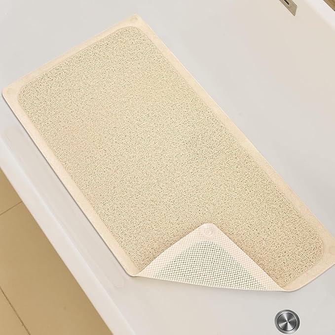 Mecko Non Slip Shower Mats, 16x40 Inch, Anti-Slip Bathtub Mats with Suction Cups for Bathroom, Foot Scrubber Loofah Bath Mats for Shower, Quick Drying Shower Stall Mats for Wet Areas (Beige)