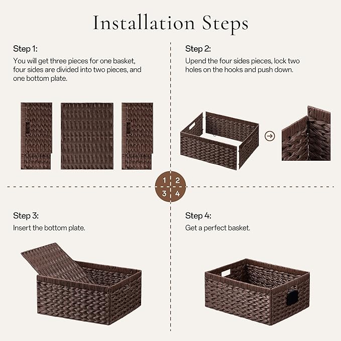 UBBCARE Storage Baskets with Label, Wicker Pantry Baskets for Shelves, Waterproof Woven Basket for Organizing, 2-Pack Plastic Rectangle Organizers with Handles, Dark Brown (16.5L×13W×7.5H)