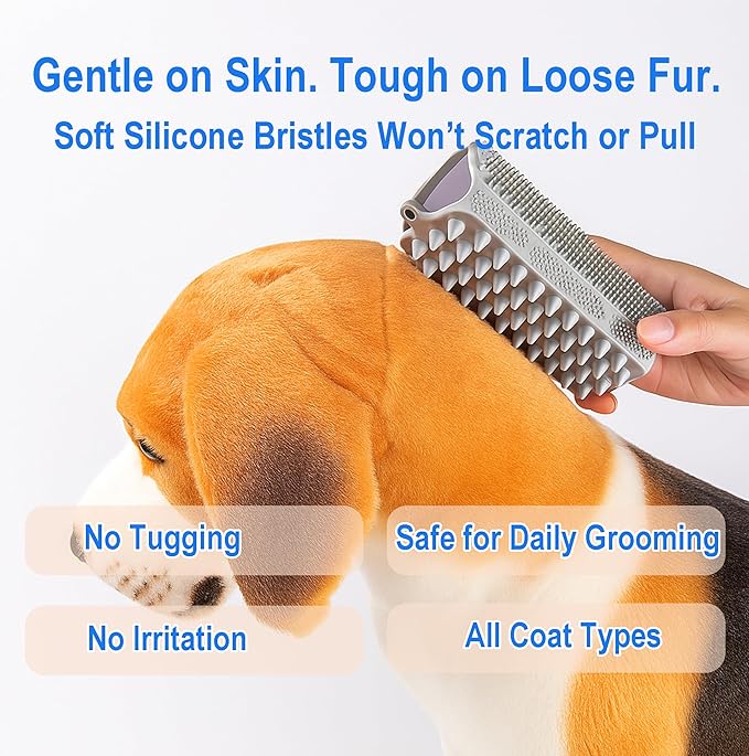 Triangular Wrap-Around Pet Grooming & Bath Brush for Dogs & Cats – 3-in-1 Silicone Dog Bath Brush with Deshedding Bristles, Massage Cones & Deep Cleaning Nubs, Soft Flexible Self-Cleaning Design,Gray