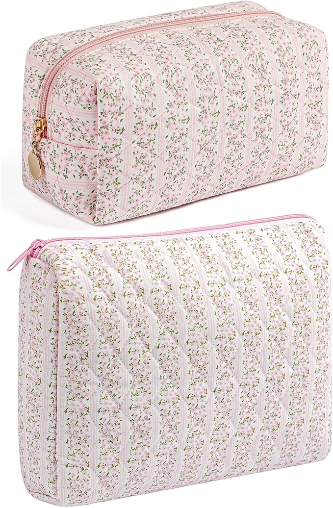 HHQQWZ Makeup Bag Travel Cosmetic Bag for Women Girls, Zipper Make Up Pouch, Floral Flowers Toiletry Organizer Makeup, Portable Storage Cosmetic Travel Cloth Bag (2 Pack (L+S)/Pink Floral)