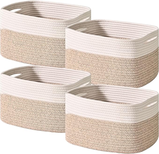 ICERZCZ Storage Baskets for Shelves, Woven Storage Basket, Bins for Cube Storage, Cotton Rope Basket with Handles for Toy, Book, and Clothes Living Room, (4 Packs) Off White & Brown