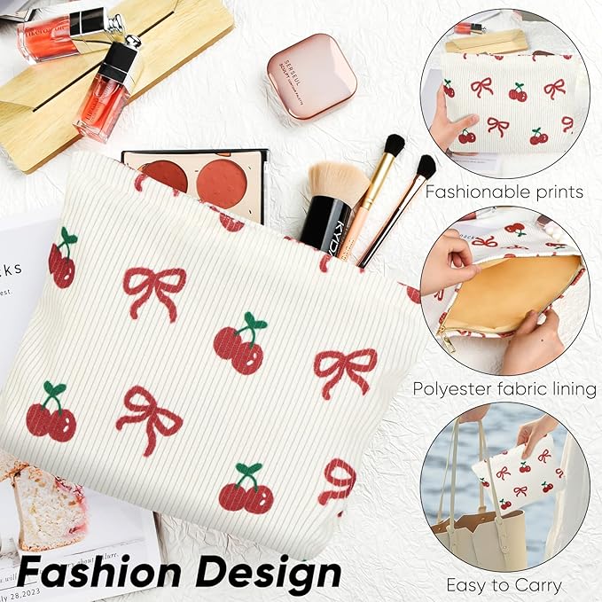 Ksriylm Cute Makeup Pouch for Women Bow Cherry Small Make Up Bag for Purse Zipper Initial Cosmetic Bags Pouches for Purse Aesthetic Travel Toiletrybags,Red Cherries Bows