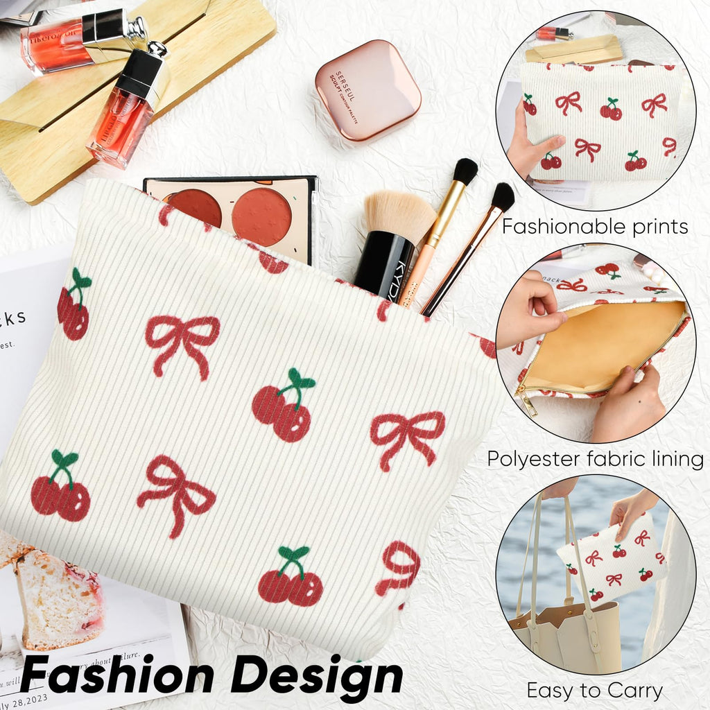 Ksriylm Cute Makeup Pouch for Women Bow Cherry Small Make Up Bag for Purse Zipper Initial Cosmetic Bags Pouches for Purse Aesthetic Travel Toiletrybags,Red Cherries Bows