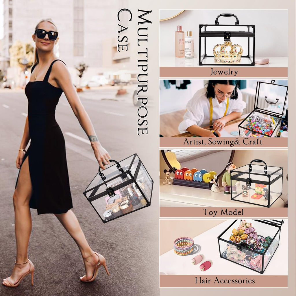 Costravio Makeup Display Clear Clear Makeup Case Portable Transparent Artists Train Case Crown Box Large Capacity Toiletry Organizer Box Travel Makeup Storage for Vanity Bathroom Craft Toys Case