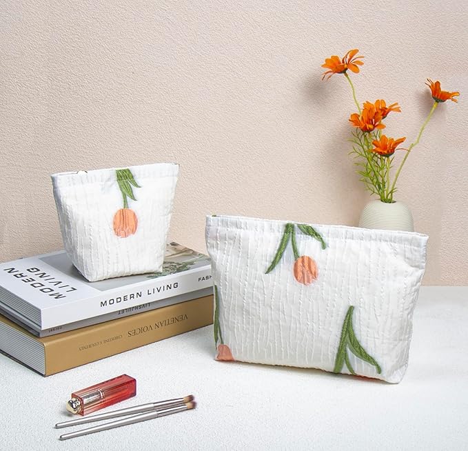 getgto 2 Pcs Makeup Bags, Large Cosmetic Bag Travel Toiletry Bag Organizer for Women, Embroidery Craft, Floral Makeup Bag Small Cosmetic Pouch Purse with Zipper Gifts for Girls Teen