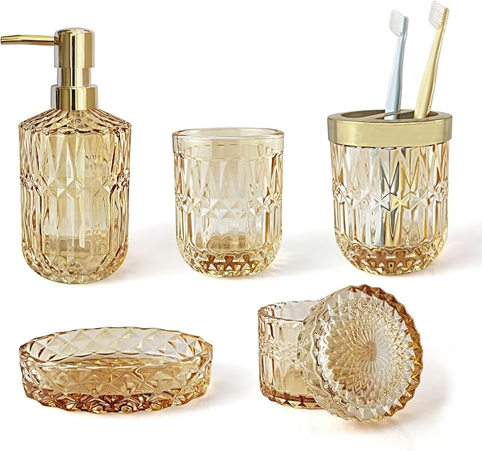 LaMarriti Clear Gold Bathroom Accessorries Set, 5Pcs Glass Bathroom Set