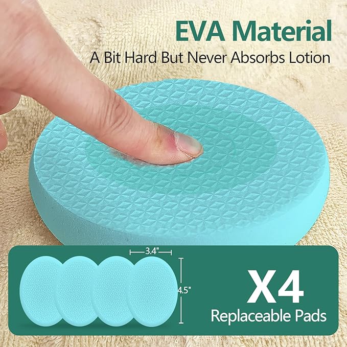 Svarvns Lotion Applicator With 4 Replaceable Pads for Back, Self, Elderly, Women - Sunscreen and Cream Applicator With 17" Curved Handle for Easy Targeting of Back and Feet, Blue
