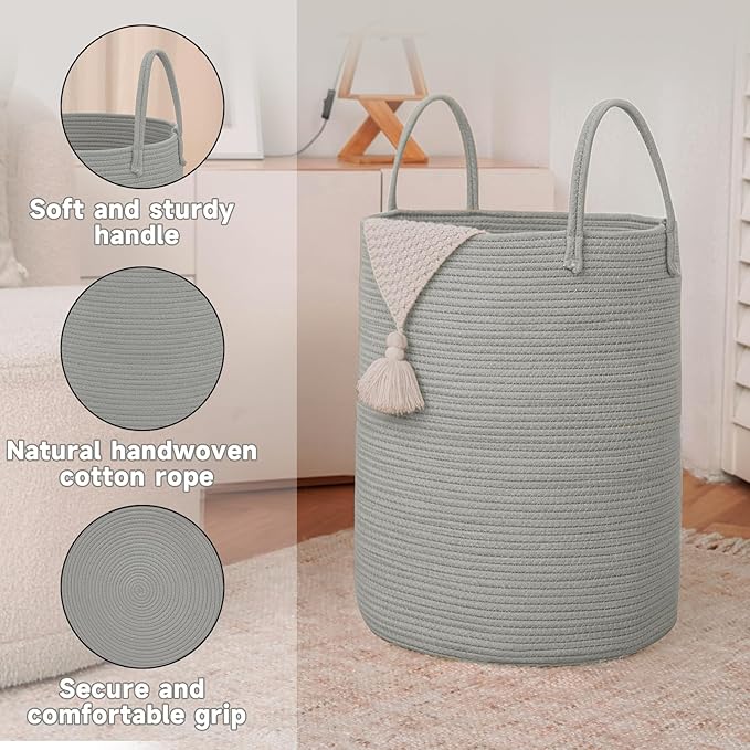 JMvicyroam Large Woven Laundry Basket Hamper,100L Cotton Rope Storage Bin for Blankets,Toys and Clothes,Decorative Tall Nursery Hamper for Living Room,Baby Nursery,Bathroom and Bedroom,Grey