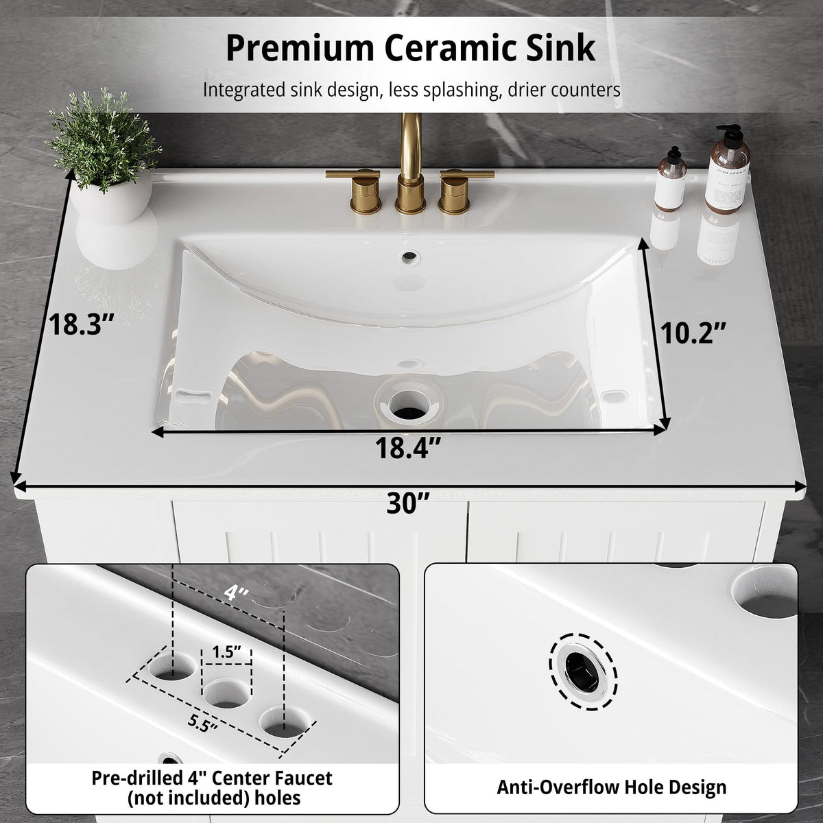 IRONCK Bathroom Vanity with Ceramic Sink, 30" Bathroom Cabinet, White