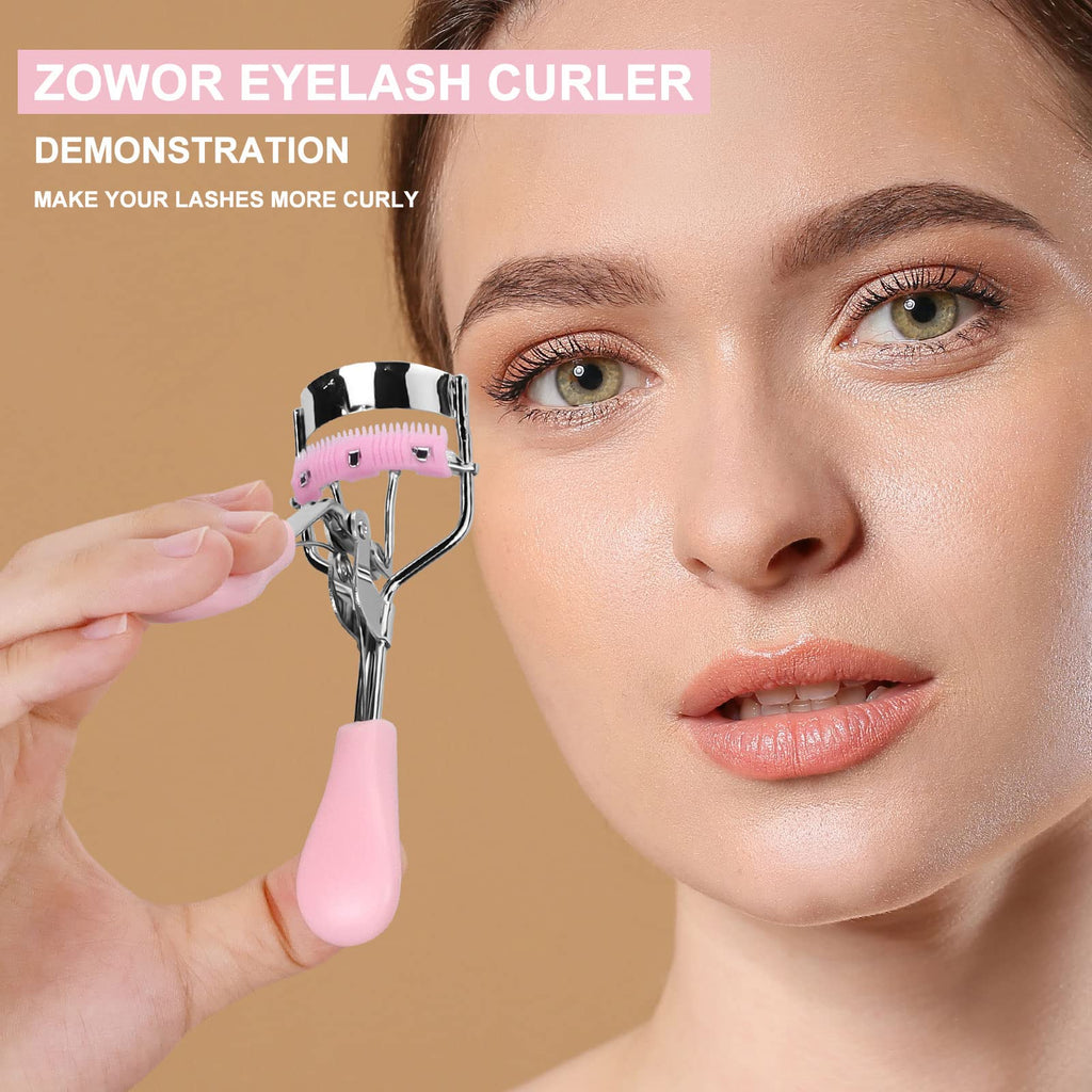 Zowor Eyelash Curler with Comb Fit All Eye Shape Curved Eyelash Curlers,Natural and Long Lasting Lash Curler for Women Make Up Gift(Pink)