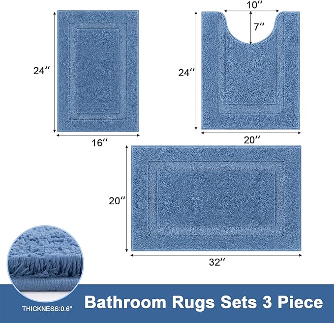 SHACOS Blue Bathroom Rugs Sets 3 Piece Small Bath Mat U Shaped Toilet Rug