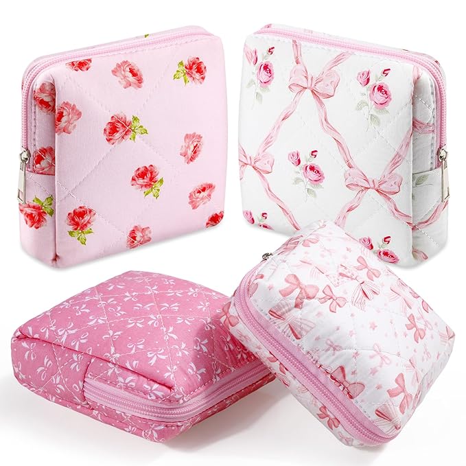 Paterr 4 Pcs Mini Quilted Floral Makeup Bag Pink Bow Cosmetic Bag Small Coquette Quilted Pouch with Zipper Cute Kawaii Cotton Travel Toiletry Bags Girls for Back to School Teacher Students Gifts