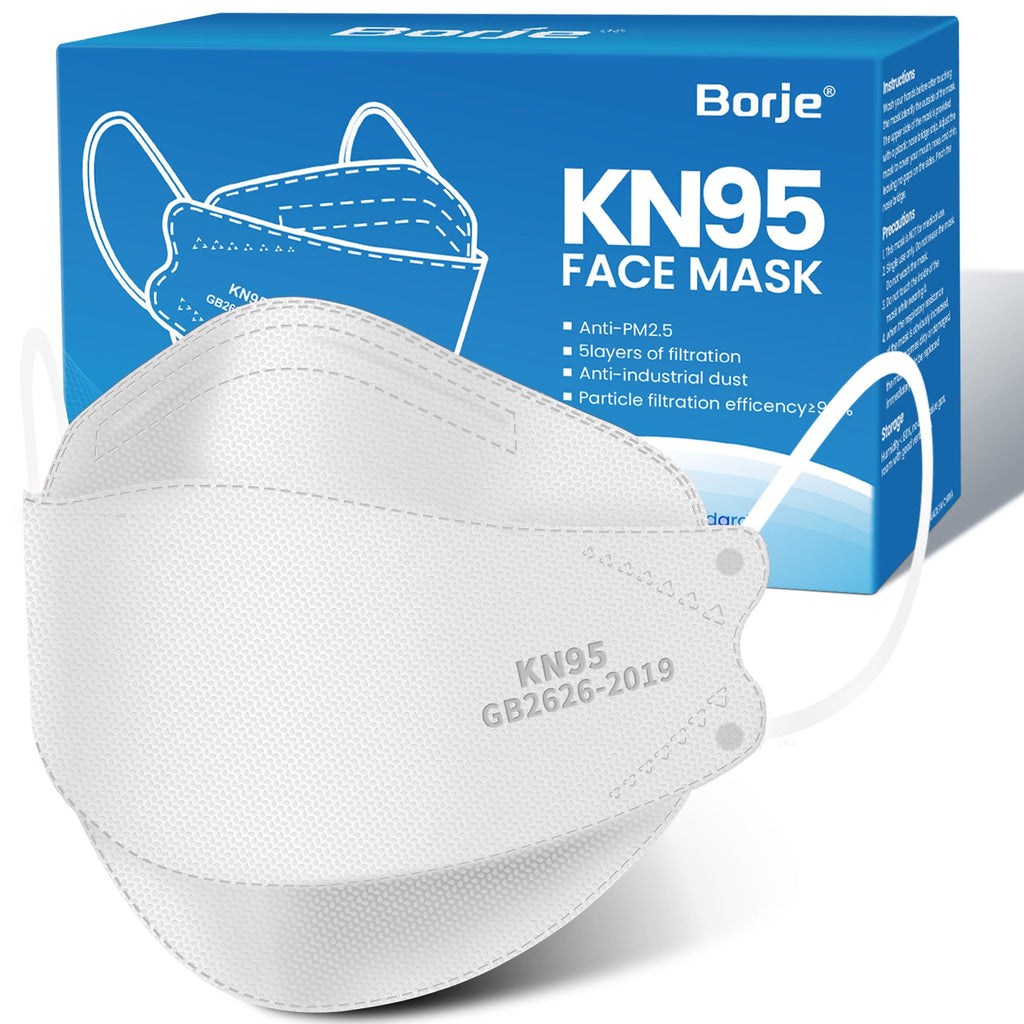 Borje KN95 Face Masks for Adults 50 Pack, 5-Ply White Disposable Face Mask Against PM 2.5 Smoke & Dust, Filtration Efficiency 95%