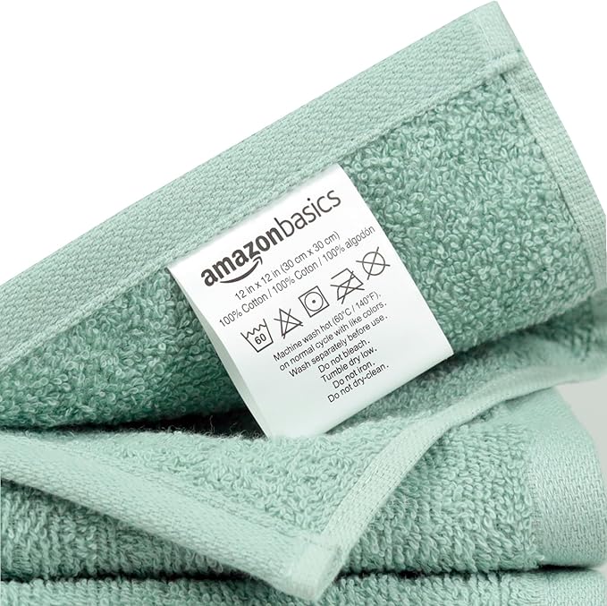 Amazon Basics Cotton Washcloths for Bathroom,Fast Drying,Extra Absorbent,12 x 12 in,Seafoam Green,Ice Blue,White,(Pack of 144)