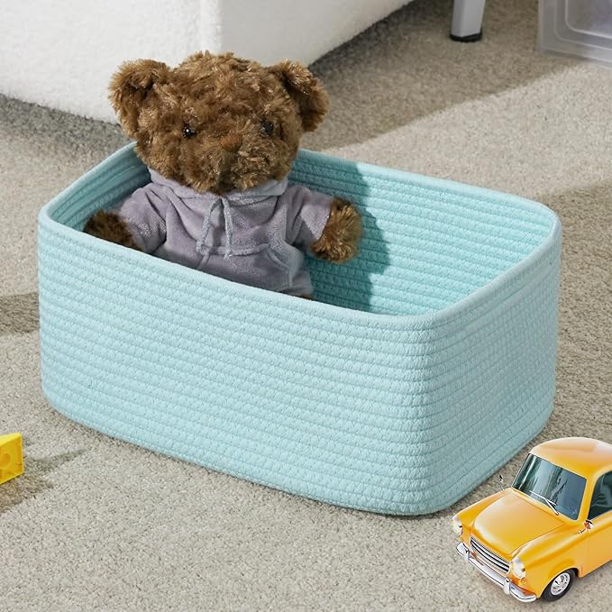 3-Pack Storage Baskets for Organizing | Woven Shelf Toy Basket | Rope Baskets for Gifts Empty | Closet Organizer Bins with Handles | Cube Decorative Box | 13.7×7.1×6.7” | Light Blue