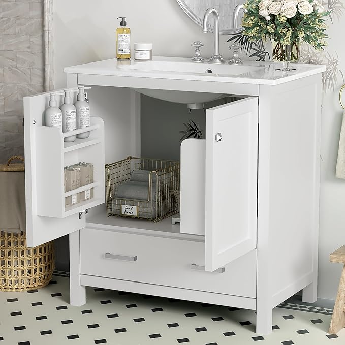 Bellemave 30" Bathroom Vanity with Sink Combo Set, Solid Wood Frame Bathroom Storage Cabinet with a Drawer, 2 Soft Closing Cabinet Doors with Organizer, White