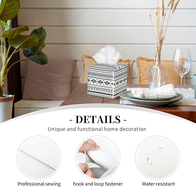 Boho Black White Geometric Tissue Box Cover Square,Abstract Tribal Symbol Tissue Box Holder Waterproof Leather Facial Paper Organizer Dispenser for Bathroom Home Car Nightstand Vanity Desk