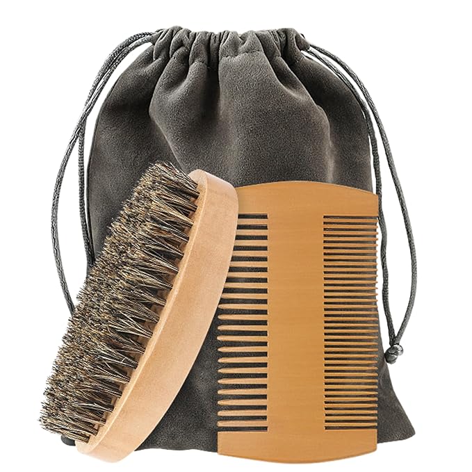 viviyoo Beard Brush and Comb Set for Men Boar Bristle Beard Brush, Wooden Comb & Travel Pouch White Elephant Gifts, Christmas Stocking Stuffers for Husband Dad Boyfriend Portable Beard Grooming Kit