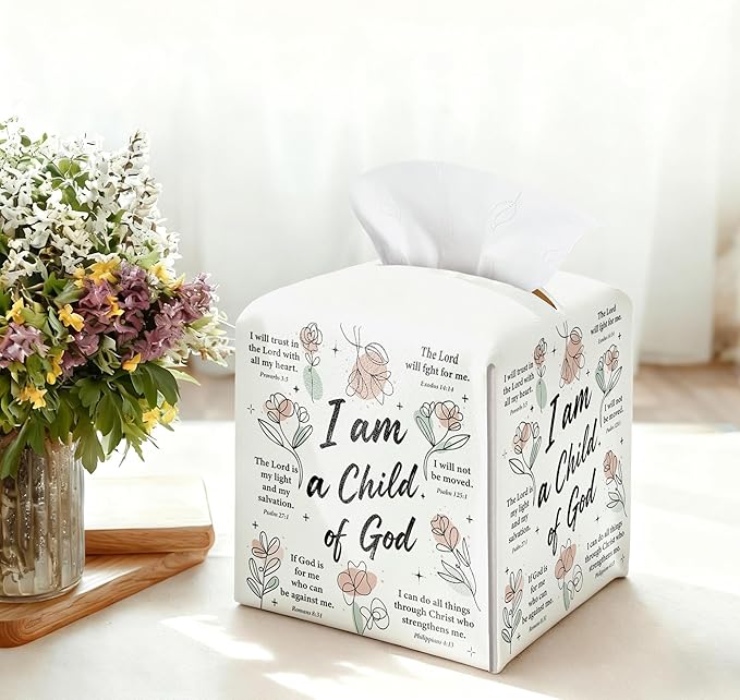 Inspirational Christian Tissue Box Cover Square, Religious Bible Verse Leather Tissue Box Holder, Religious Gifts for Women, Paper Facial Tissue Box Covers Cube for Office Bathroom Home