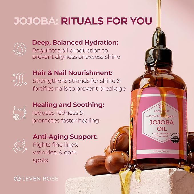 Leven Rose Jojoba Oil Organic, Pure Cold Pressed Carrier Oil, Natural Unrefined Moisturizer for Skin Hair and Nails 4 oz