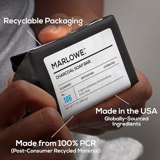 MARLOWE. Charcoal Soap, Cleansing Body Bar Soap for Men, 7 oz