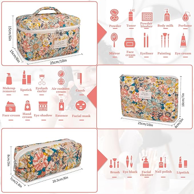 Gosect Makeup Bag Set, Quilted Makeup Bag, Large Floral Cosmetic Bag for Women, Cute Cotton Makeup Bags, Flower Travel Toiletry Organizer Bag (South Twigs Flower)