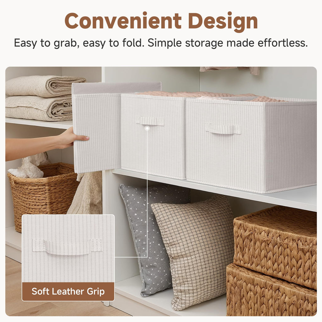 StorageWorks Foldable Shelf Organizer Bins, Closet Storage Baskets for Clothes, Storage Bins for Organization, Beige Stripes, 3-Pack, Extra Large