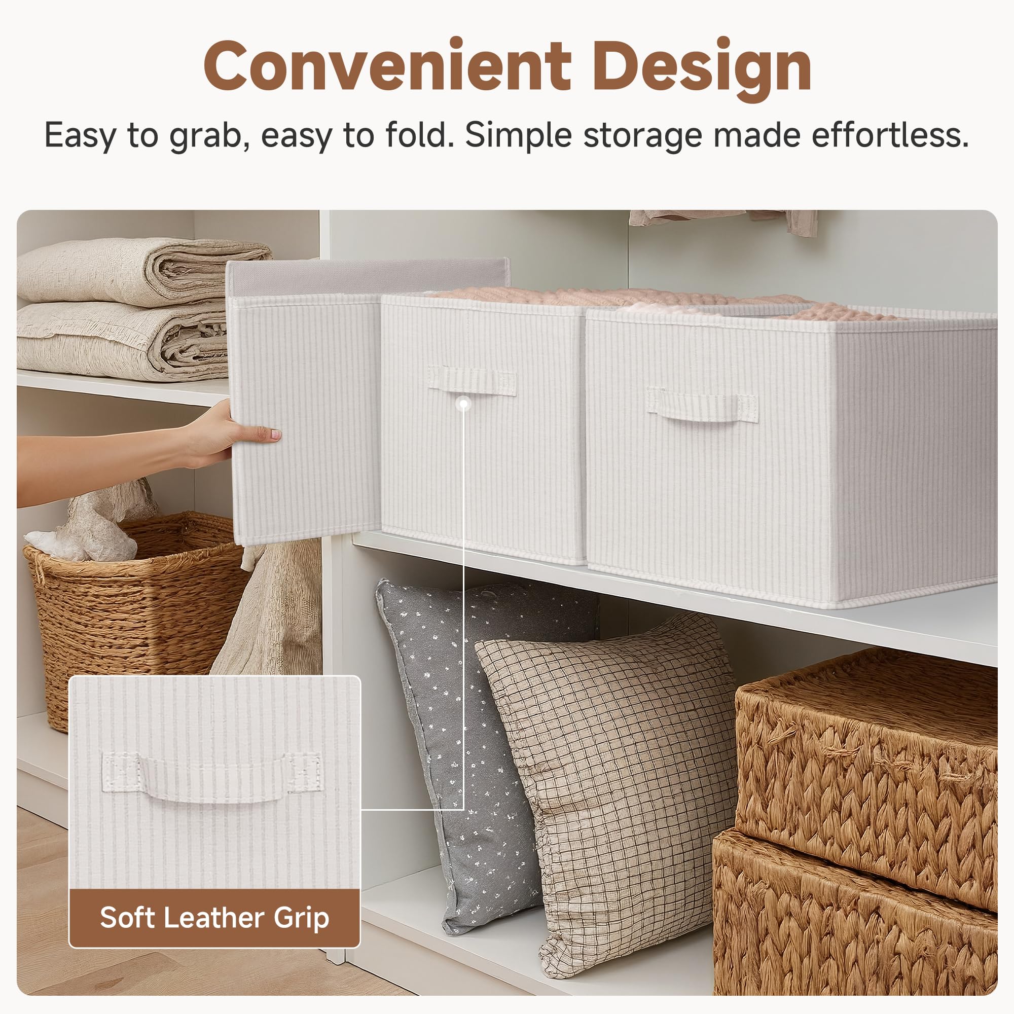 StorageWorks Foldable Shelf Organizer Bins, Closet Storage Baskets for Clothes, Storage Bins for Organization, Beige Stripes, 3-Pack, Extra Large