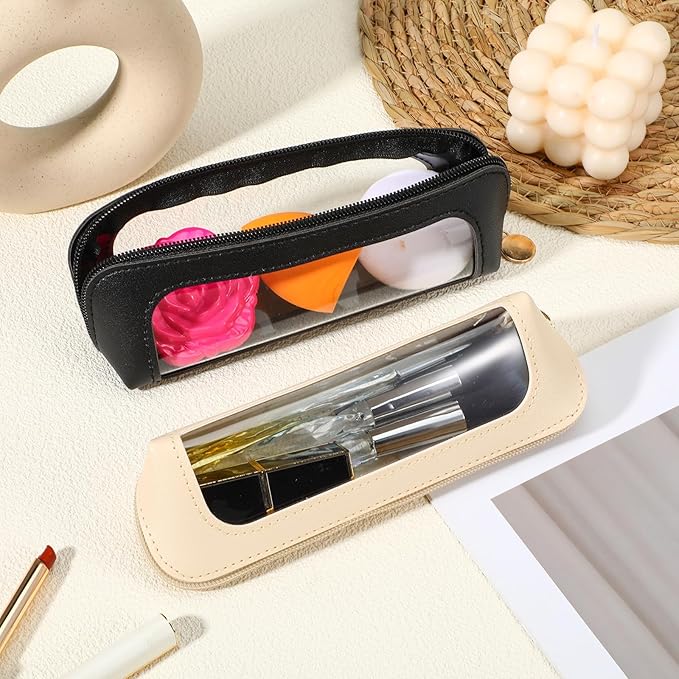 Kifmurase 2Pcs Clear Makeup Brush Bag, Leather Slim Makeup Case, Portable Transparent Waterproof Cosmetic Pouch with Zipper, Double Sided Clear Bag for Women Travel Storage (White, Black)