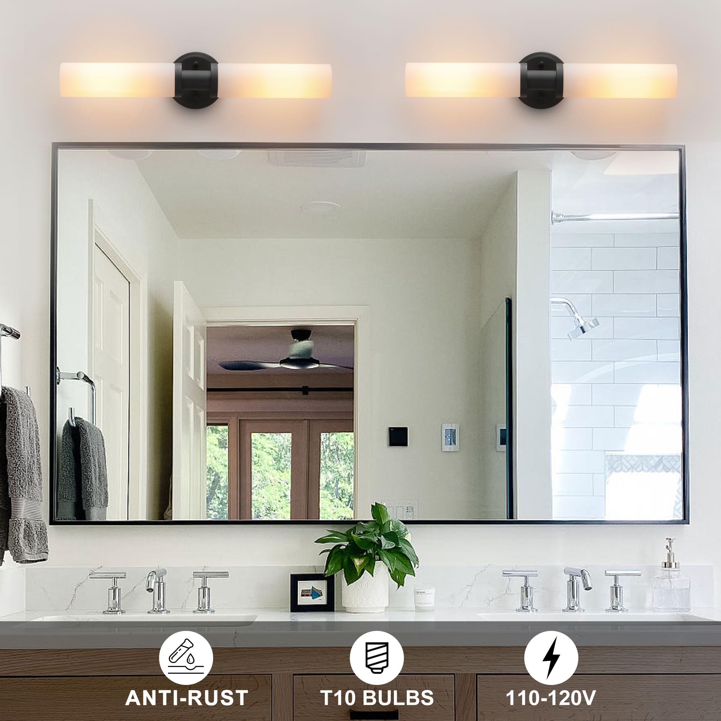 Wall Sconces Set of Two,Matte Black Bathroom Sconces Wall Lighting with White Glass, Modern Sconces Wall Decor Set of 2 Wall Light fixtures for Bathroom Mirror Living Room Hallway Bedroom Wall Lamp