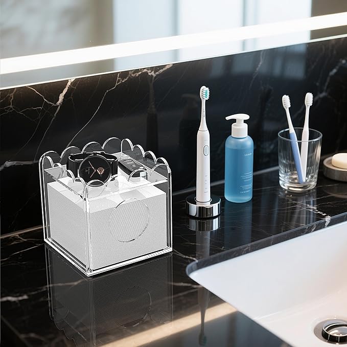 LUGUNU Acrylic Tissue Box Holder, Clear Square Tissue Box Cover with Storage Tray, Modern Decorative Tissue Holder for Living Room, Bathroom and Office, 5.5x5.5x5.5 Inch