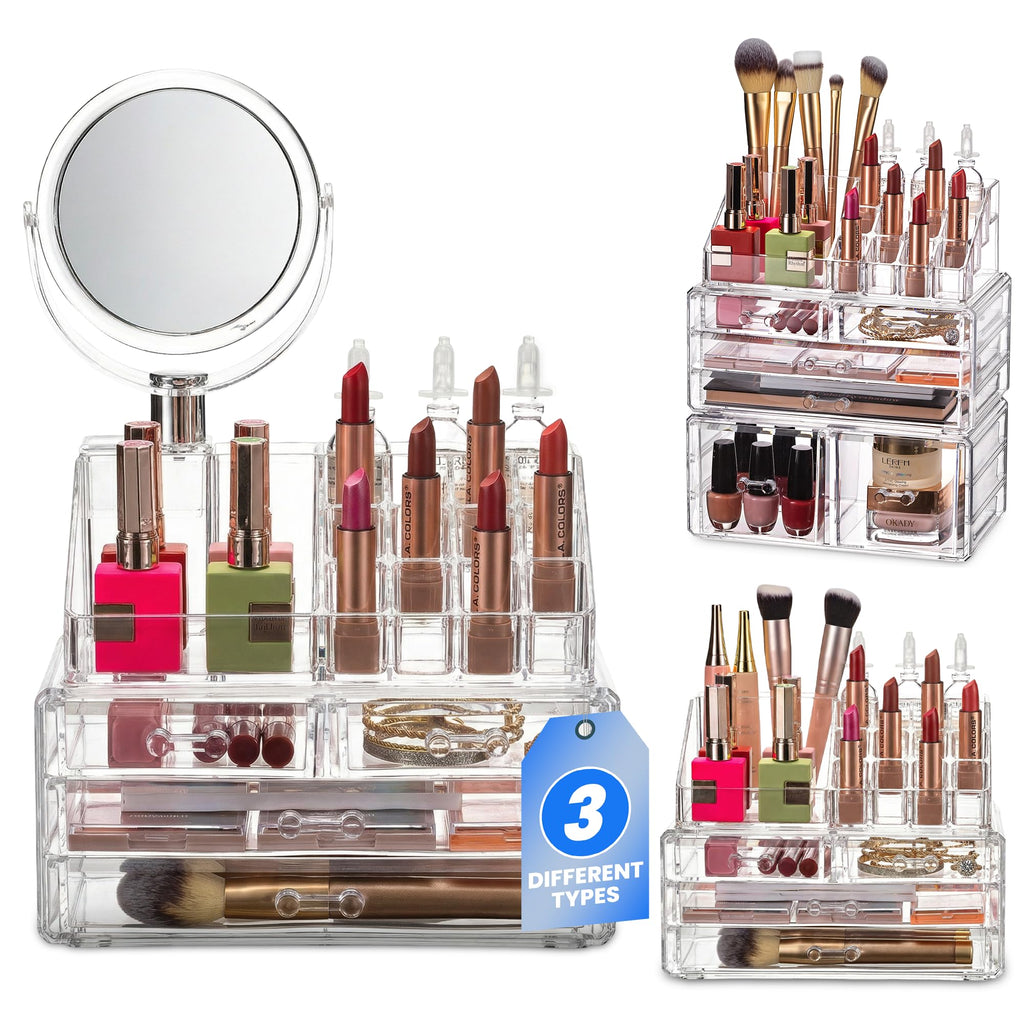 Masirs Clear Makeup Organizer with Mirror – 16-Compartment Cosmetic and Jewelry Holder, 4-Drawer Vanity Storage, Elegant Clear Design for Makeup and Accessories